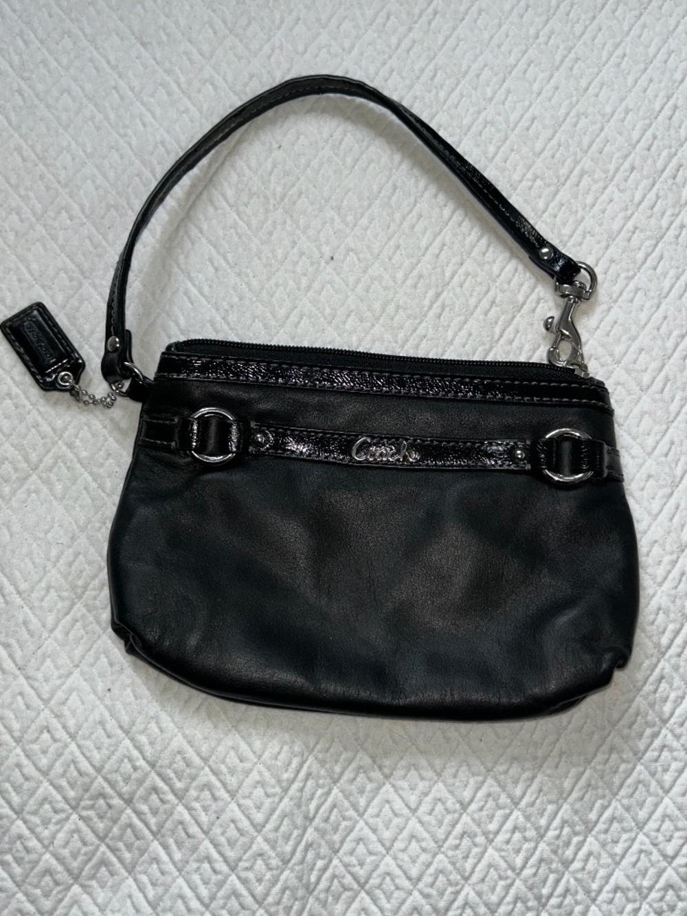 coach black mini cute belt trim leather classic wristlet zip pouch handbag purse
